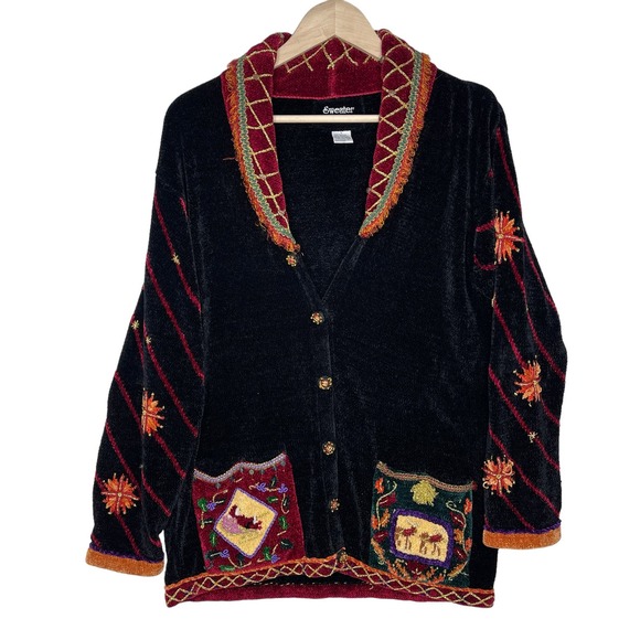 Ugly Christmas Sweater Embroidered Knit Grandma Size Large Cardigan Vintage - Picture 1 of 16